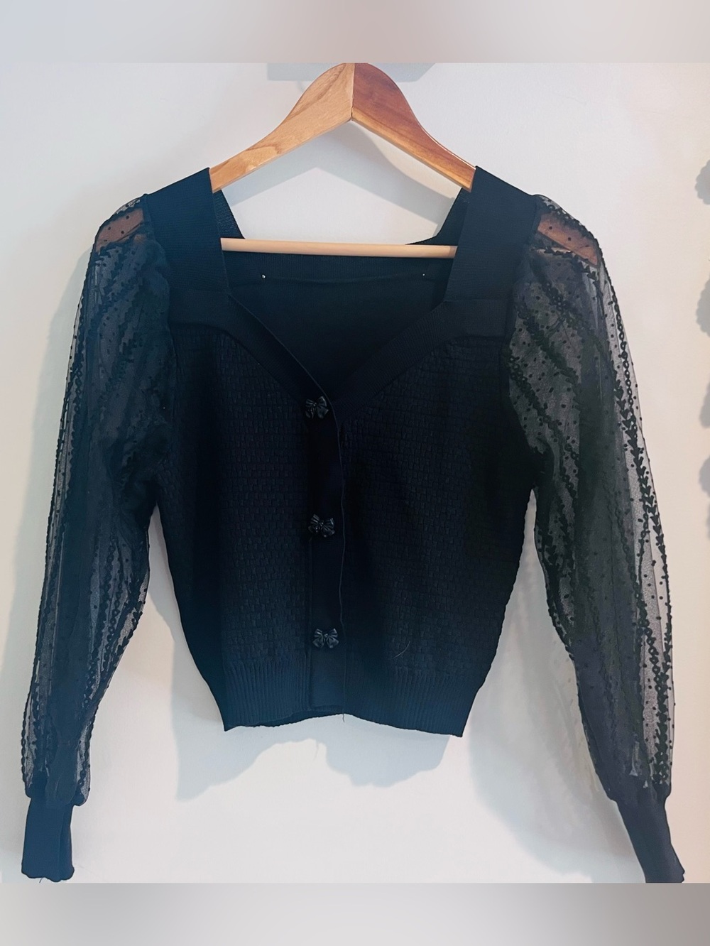 J. Ing Blouse Sweater Cardigan Black SMALL MEDIUM Sheer Long Sleeves Hearts Bows